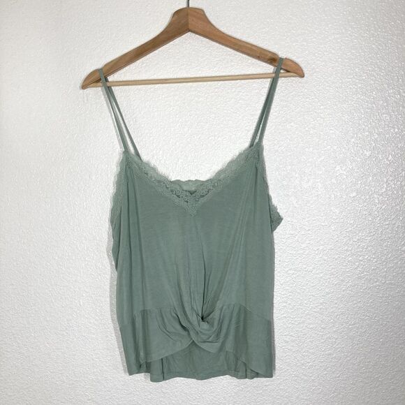 American Eagle Outfitters Tops - Y2K American Eagle Soft & Sexy Cami Tank Top Medium Green Lace Trim Twist Hem